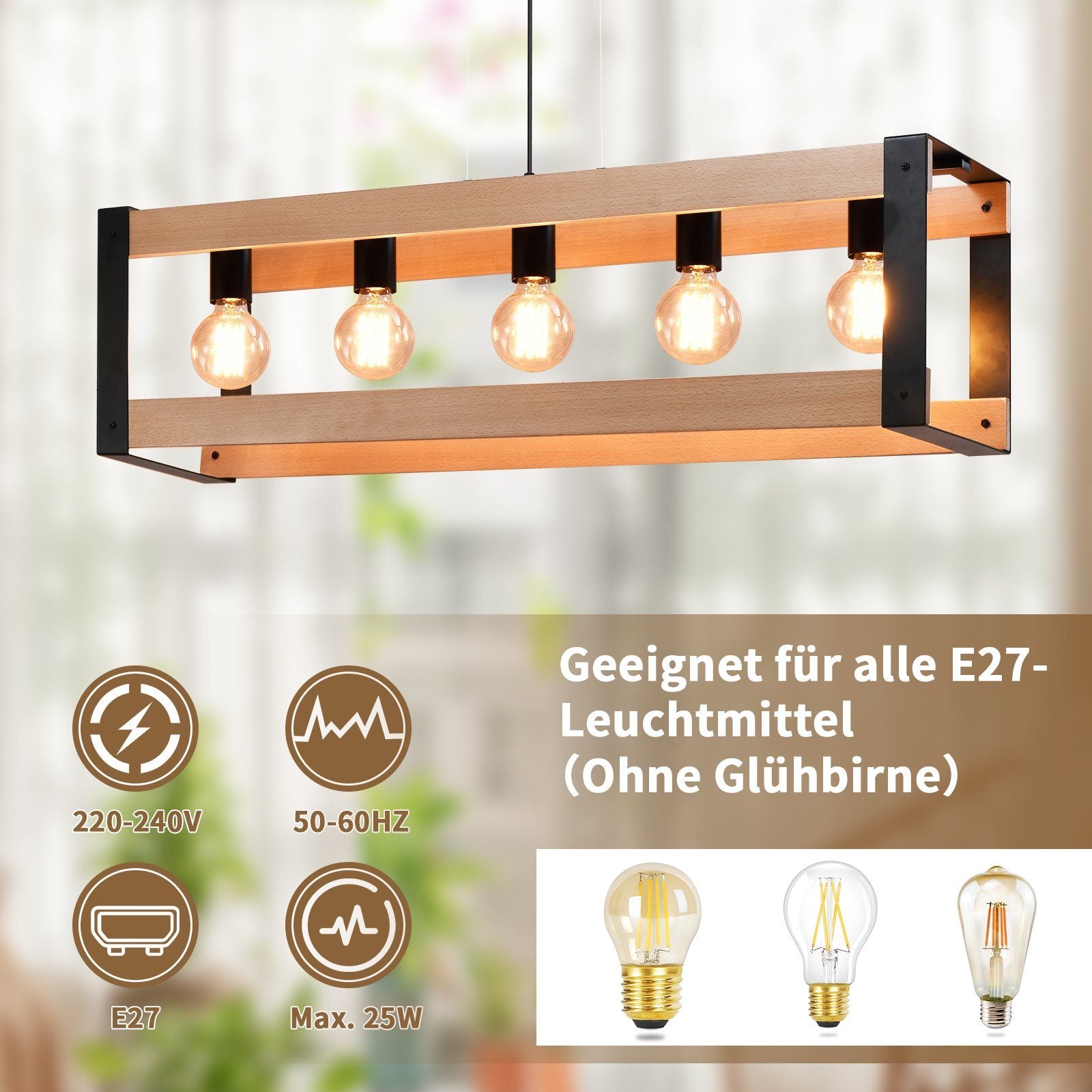 Lampada a sospensione ZMH 5 Luci in Legno ZMH Metallo Vintage Nero E27