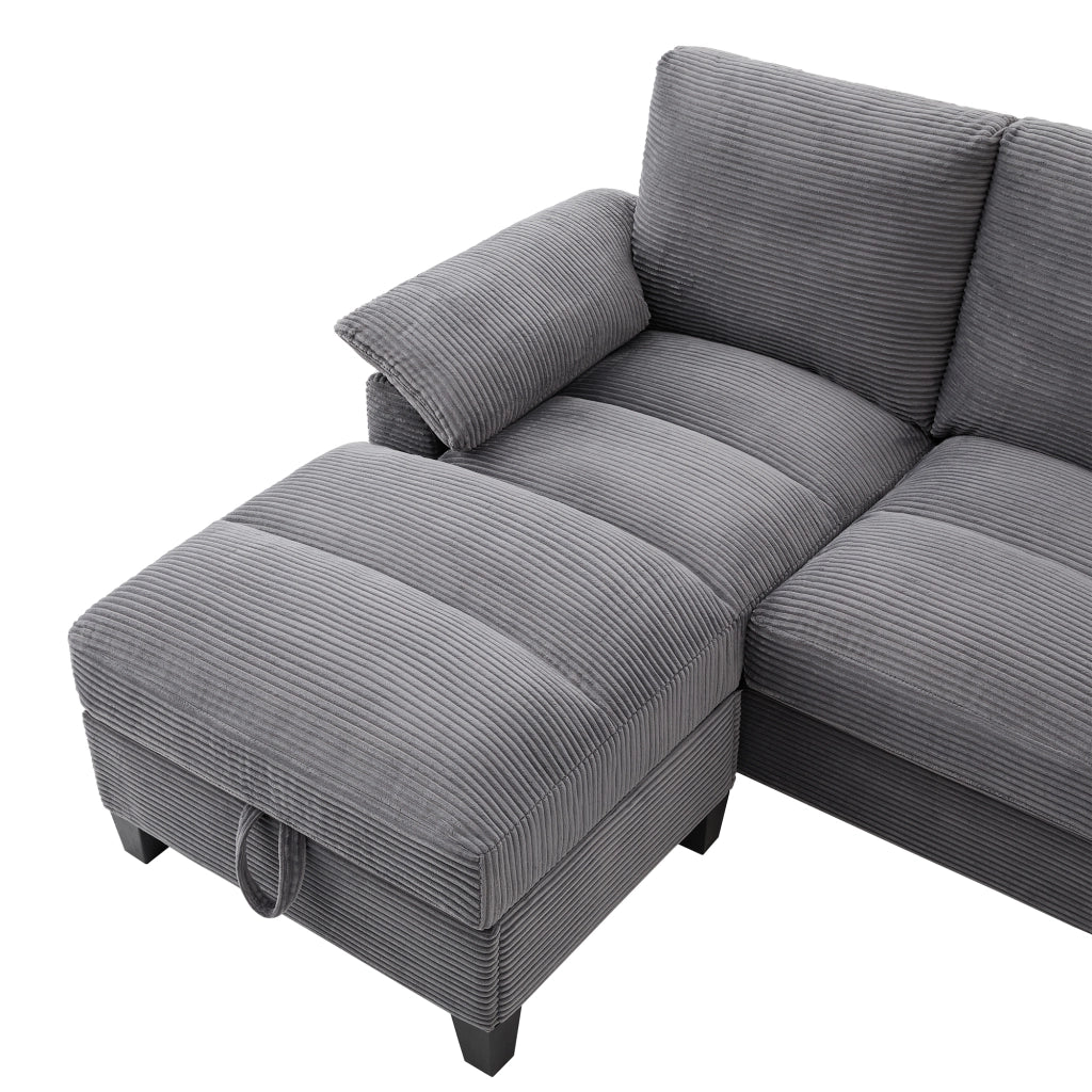 Divano modulare a U con contenitore, USB e porta bicchieri, 4-5 posti, in tessuto effetto corduroy grigio