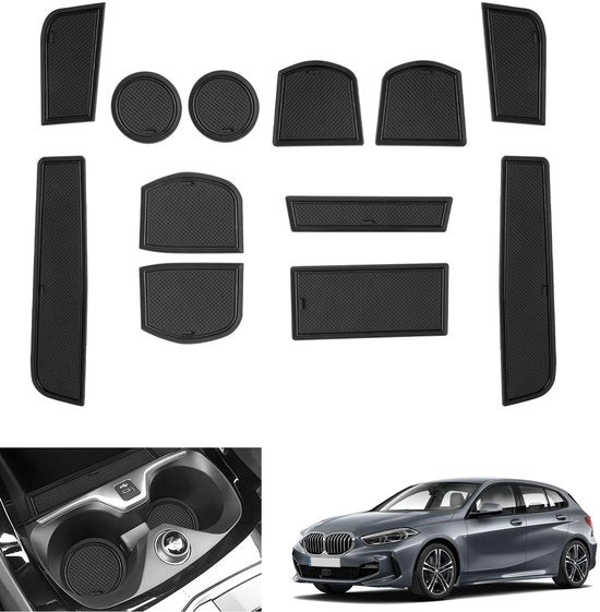 Accessori compatibili con BMW 1 Serie F40 2019-2024 (trasmissione automatica) Mattoncini antislip in gomma per contenitore centrale, Deurnaadmatten per Bekerhouder, 1 Serie F40 (nero)