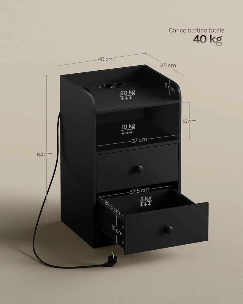 Comodino per Camera da Letto, Comodino Nero con Prese, Porte USB e Luci a LED, Tavolino con 1 Piano, 1 Scomparto e 2 Cassetti, Tavolino da Divano in Legno, NTS07sz