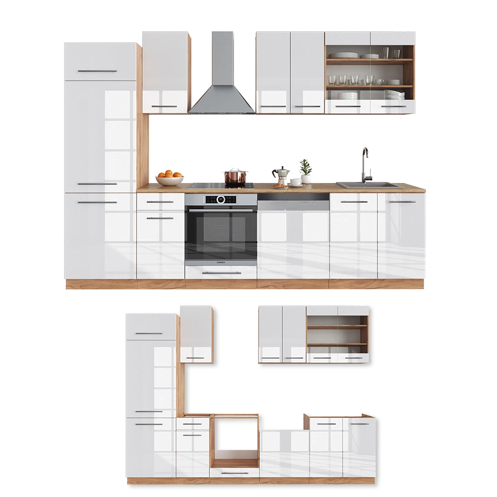 Cucina componibile Fame-Line Bianco lucido/Rovere dorato 300 cm, PL Marmo Vicco
