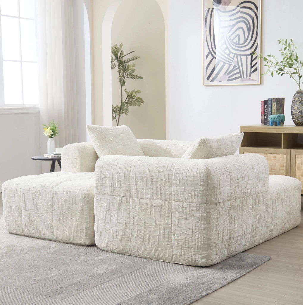 Divano componibile in ciniglia con chaise longue; 3 cuscini; senza montaggio; beige