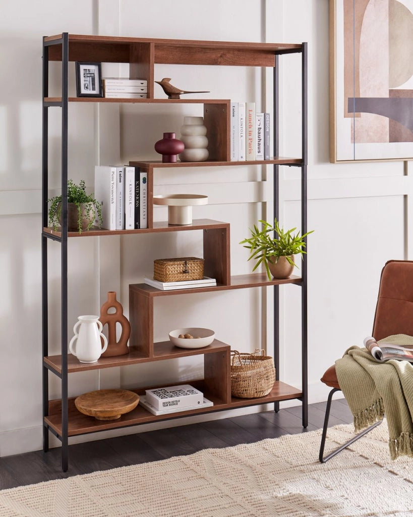 Libreria a 6 ripiani Ripiani in legno scuro Metallo Nero Struttura in acciaio comodino con schienale aperto stile moderno