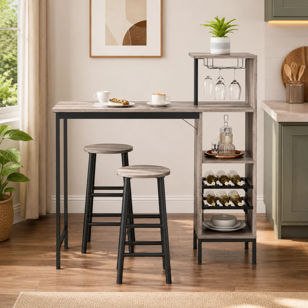 Set tavolo bar 3 pezzi 121.5x40x122 cm con portabottiglie e portabicchieri in MDF grigio