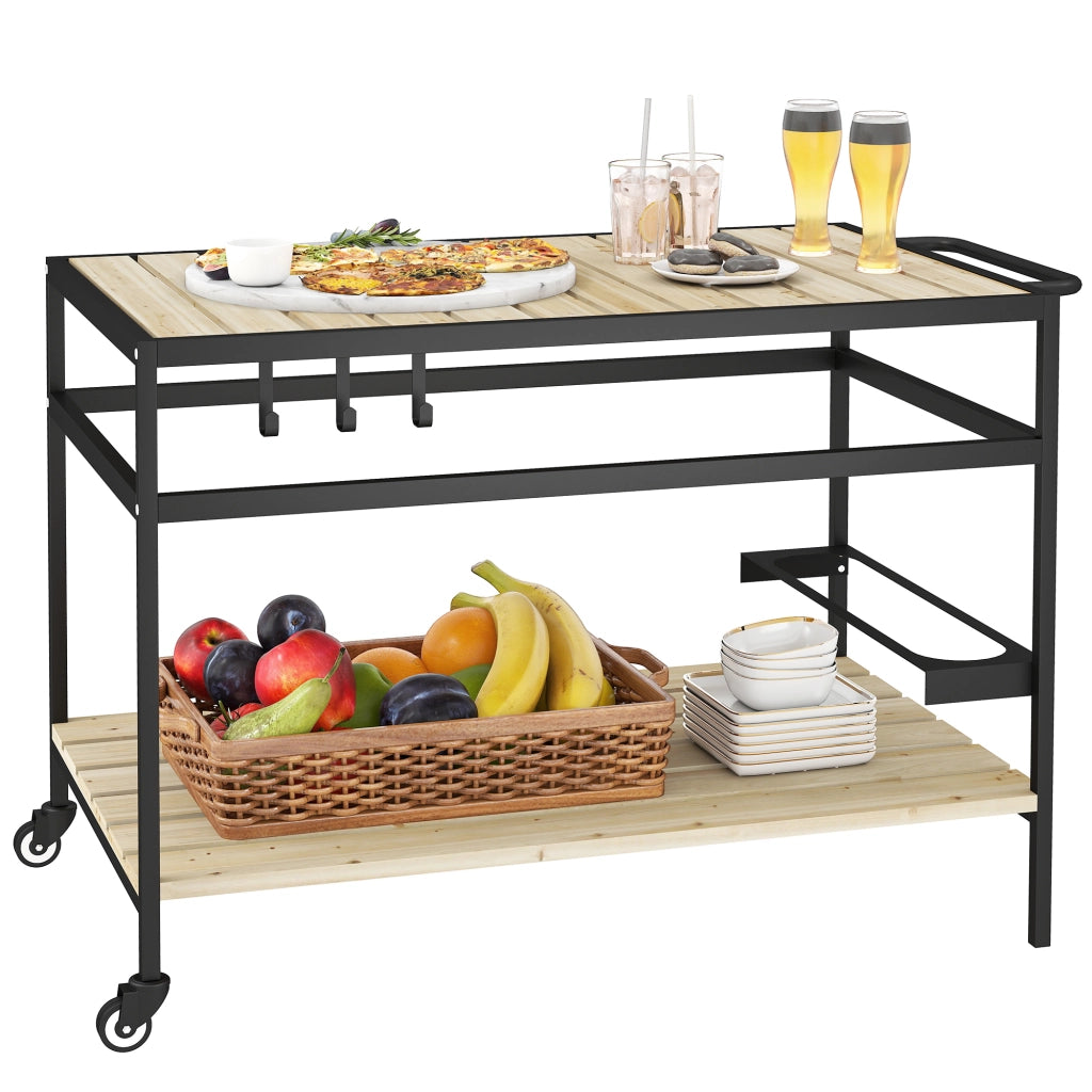 Carrello Portavivande da Giardino in Legno a Doghe e Acciaio, Ripiano e Maniglia, 107x65x80 cm