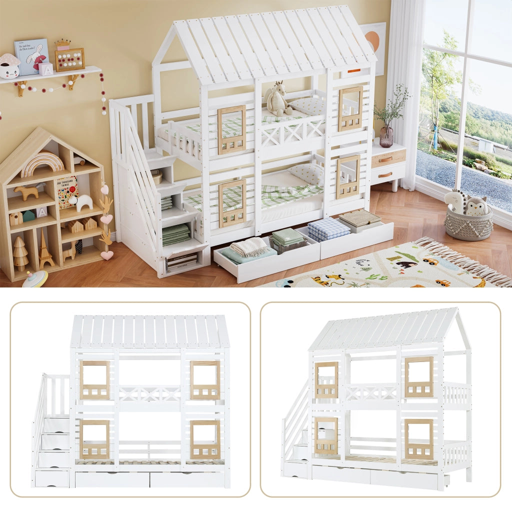 Letto a Castello 90x200 cm; Letto per Bambini - Finestre; 2 Cassetti; Scala 4 Scomparti