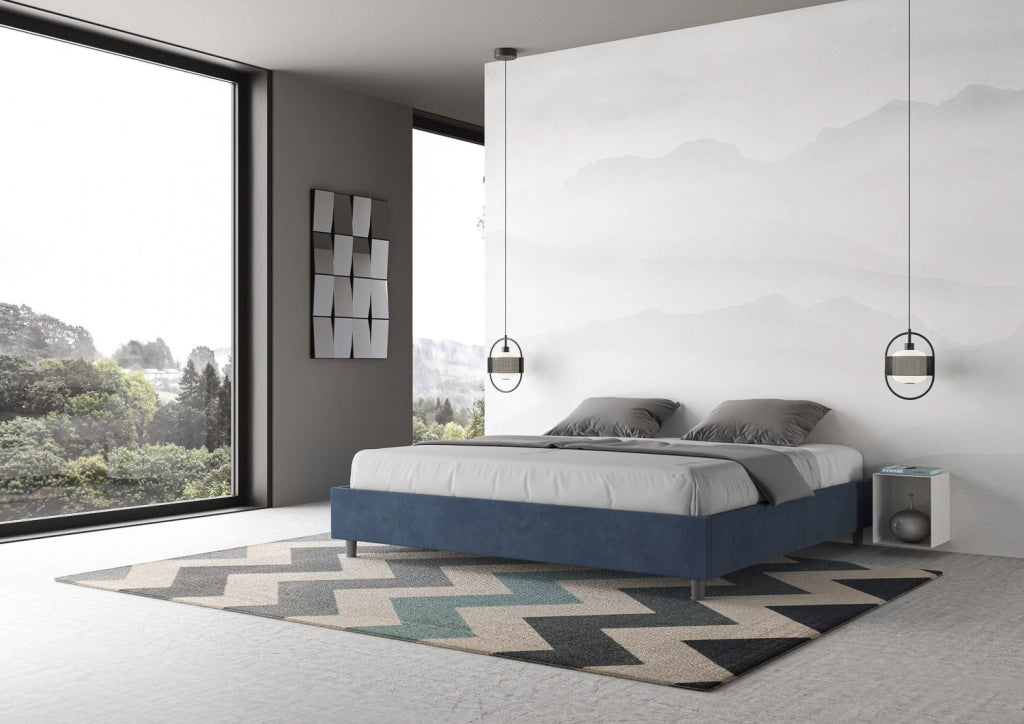 Letto Matrimoniale Extra Large Sommier 200x210 cm con Rete e Contenitore Azelia Blu