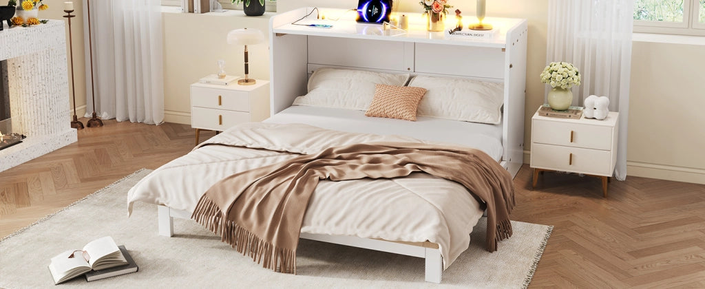 Letto a scomparsa 140 × 200 cm con cassetti, USB, presa e striscia LED, senza materasso, bianco lucido