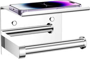 Dispensatore di carta igienica multifunzionale per bagno in acciaio inox con piatto di polso e supporto per telefono, fissaggio alla parete con adesivo o viti, finitura rovente inox.