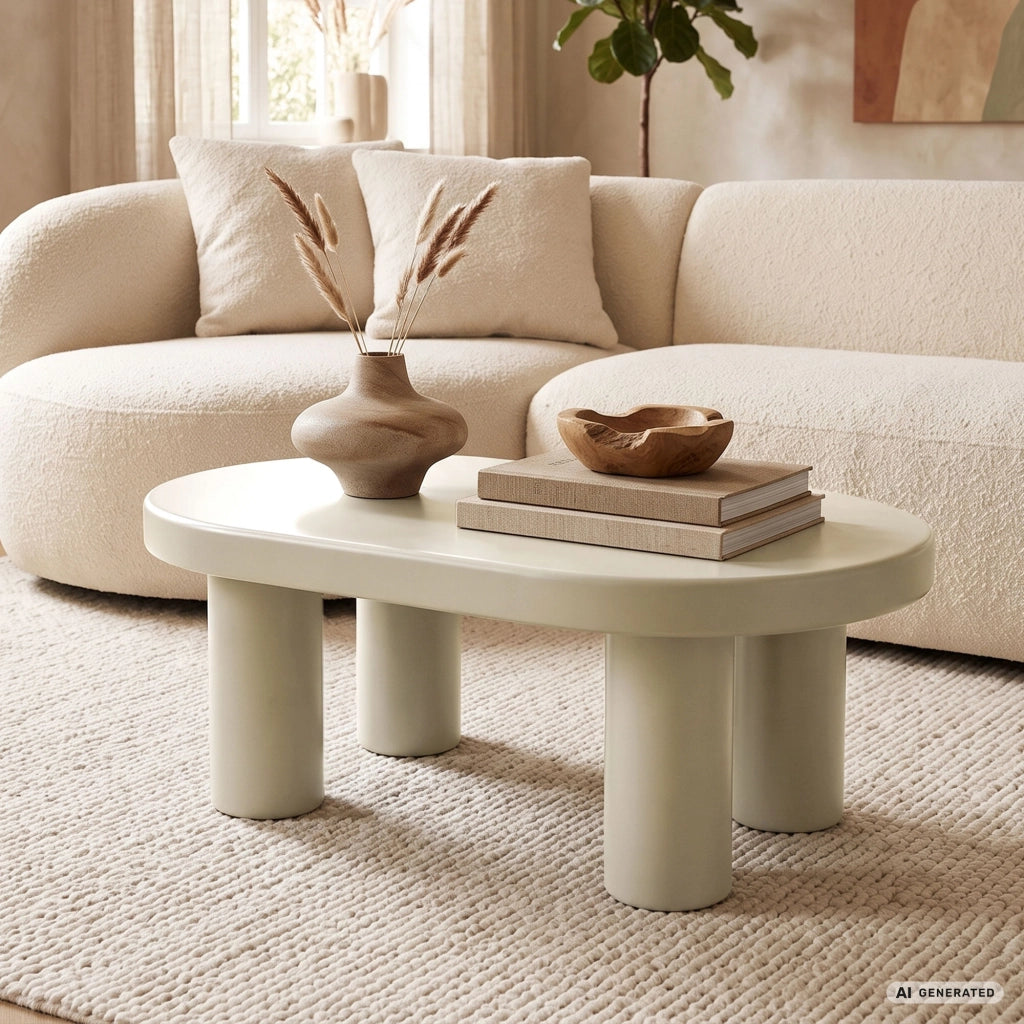 Tavolino da salotto ovale MATE 85 cm crema con quattro gambe cilindriche