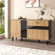 Credenza con 3 ante e ripiani, LED e anta in vetro, per soggiorno, legno e nero, 140 × 78,5 × 41 cm