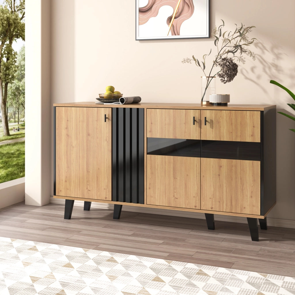 Credenza con 3 ante e ripiani, LED e anta in vetro, per soggiorno, legno e nero, 140 × 78,5 × 41 cm