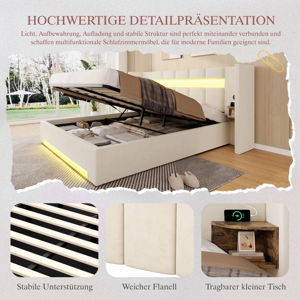 LETTO Contenitore 160x200 cm in velluto beige con USB, LED e idraulico