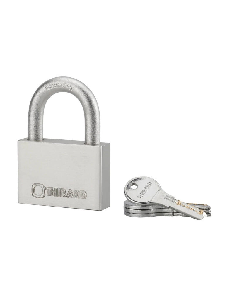 Lucchetto a chiave Rinox, 70 mm, acciaio inossidabile, esterno, arco in acciaio INOX, 4 chiavi - THIRARD