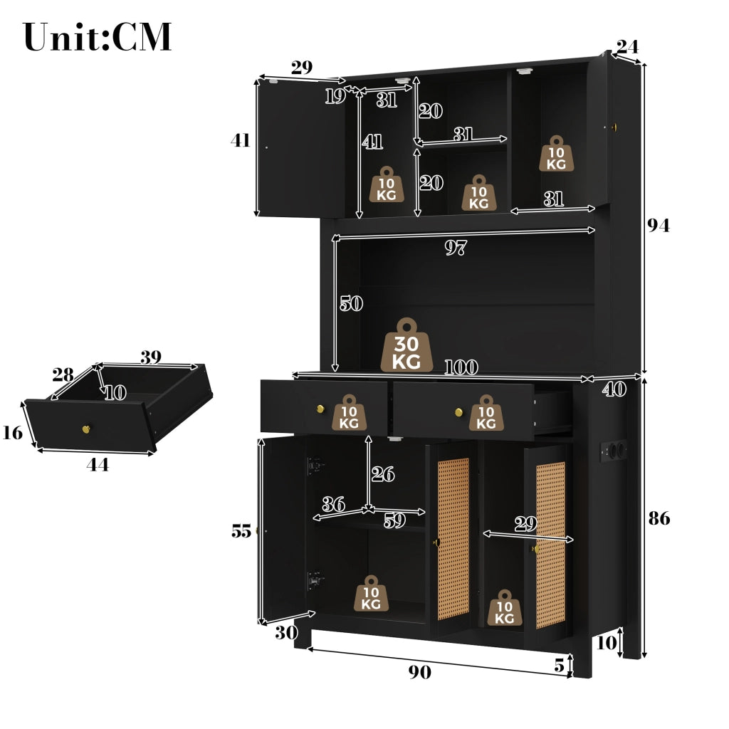 Credenza cucina alta 100x40x180 cm in MDF nero con ante in rattan; LED RGB e prese integrate