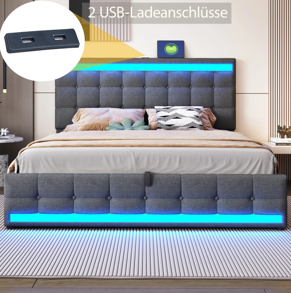 Letto imbottito 180x200 cm grigio con LED RGB e USB