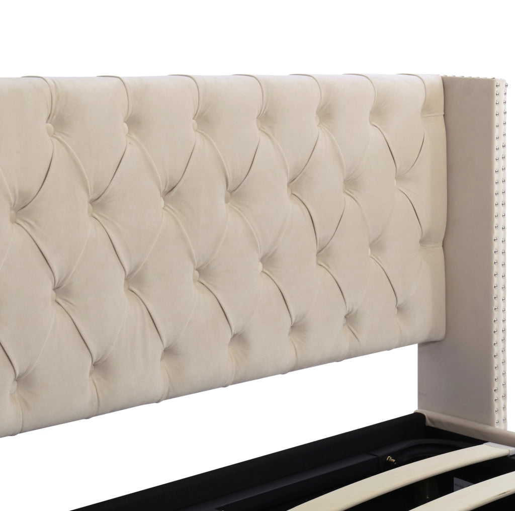 Letto imbottito contenitore Chesterfield 140x200 cm in velluto beige