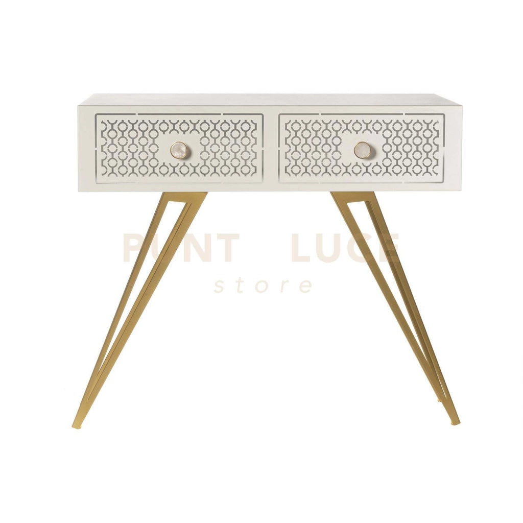 consolle mayfair grande Bianco marmo e oro trasparente in Ferro, ferro e resina per i pomelli 100x35x80h