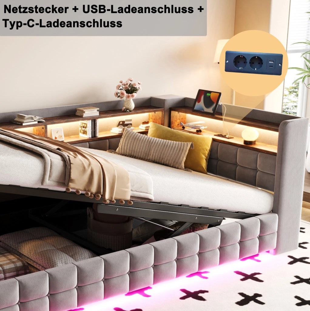 Divano letto imbottito 90x200 cm con contenitore idraulico; LED; USB; presa e mensole in legno; grigio chiaro