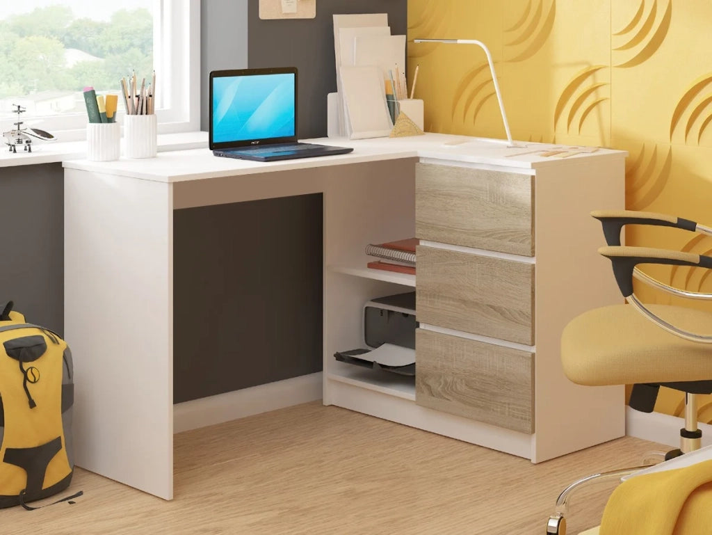 Scrivania angolare AKORD B16 Bianco 124 cm 3 cassetti inserto frontale Sonoma Quercia 124x85x77 cm Modello a destra