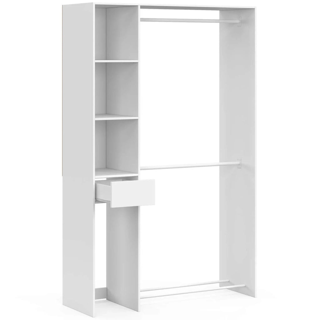 IDMarket - Cabina armadio doppia L. 110 cm MIRTY con ripiani + cassetto + vano porta scarpe bianco