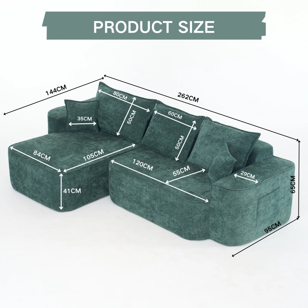 OKWISH Divano ad Angolo Modulare, Senza Montaggio, Seduta Profonda e Chaise Longue, 2 Moduli, Ciniglia, Verde