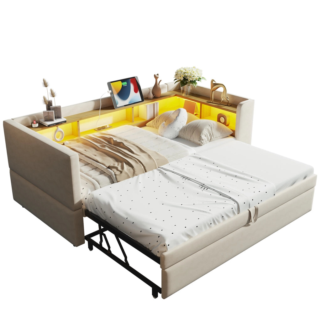 Divano letto 90/180x190 cm con LED; prese e vani portaoggetti in flanella beige