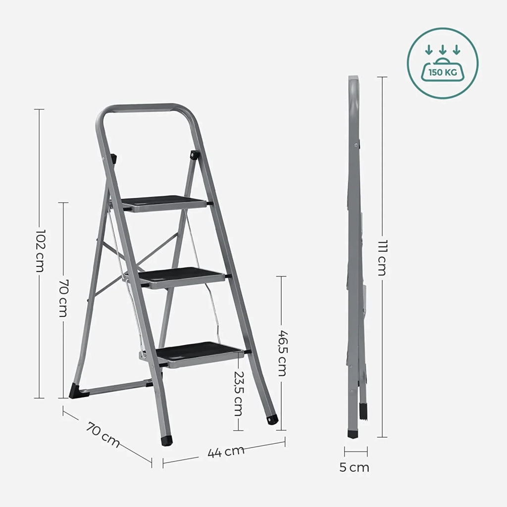 Scala domestica pieghevole a 3 gradini larghezza gradini 20 cm superficie antiscivolo con corrimano portata 150 kg acciaio grigio 12_0005324