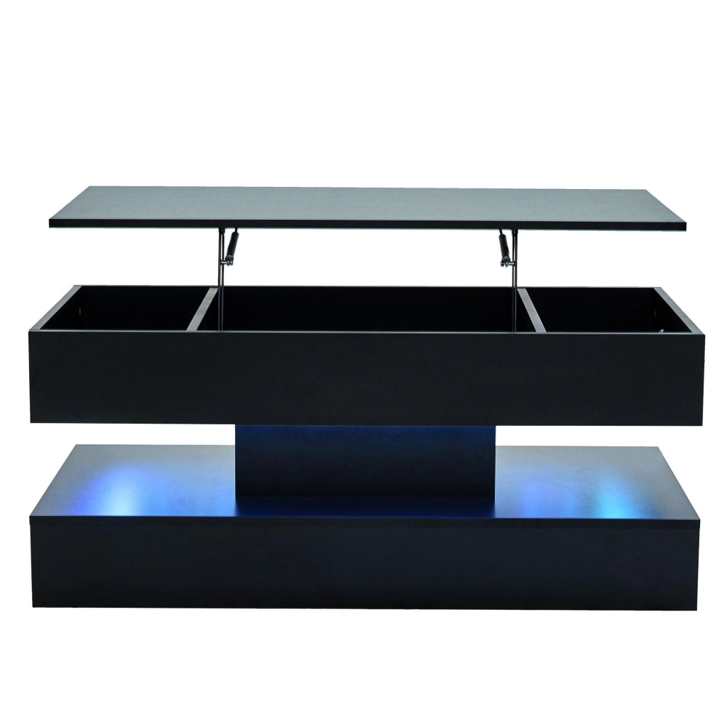 Tavolino da caffè 100x50x42 cm con piano sollevabile; LED integrata e vano nascosto in truciolare nero