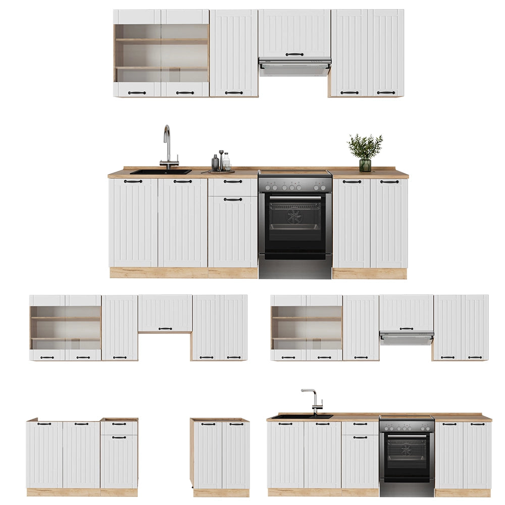 Cucina componibile Fame-Line Bianco rustico/Rovere dorato 240 cm, PL Marmo Vicco