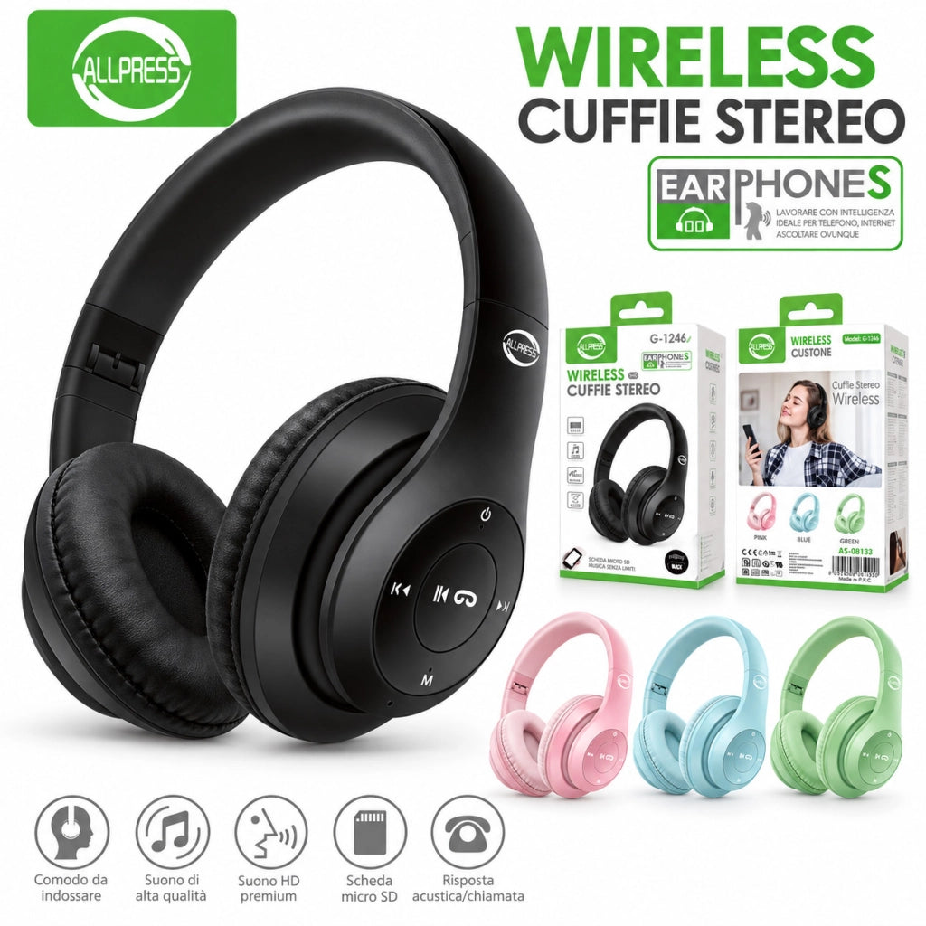 CUFFIE WIRELESS ALLPRESS STEREO MICRO SD MUSICA CHIAMATE OVER EAR AS-08133