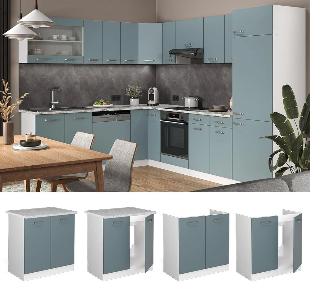 Mobile lavello cucina R-Line, Grigio-blu, 80 cm, PL Marmo, per la libera combinazione all'interno di sistemi cucina modulari