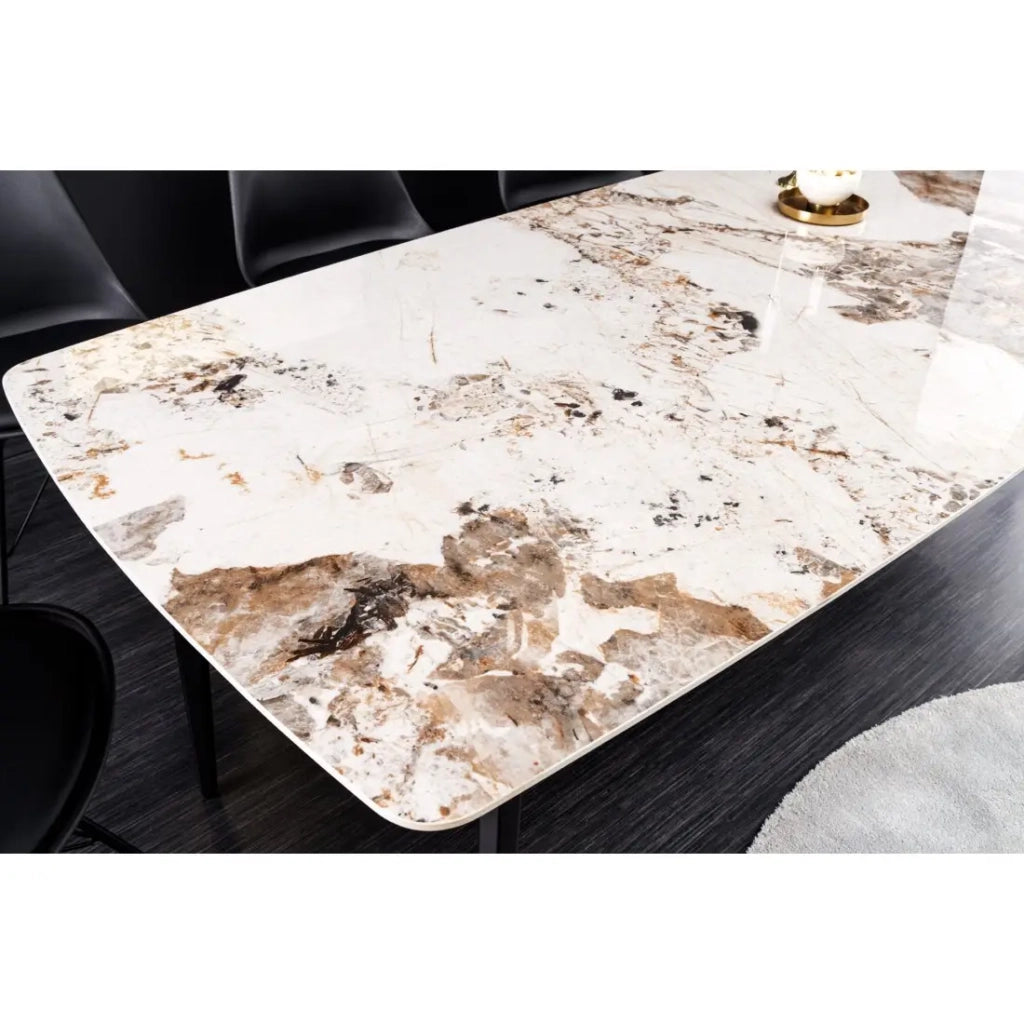 Tavolo da pranzo HEXA – Ceramica effetto pietra e metallo nero – 180 cm – Stile contemporaneo