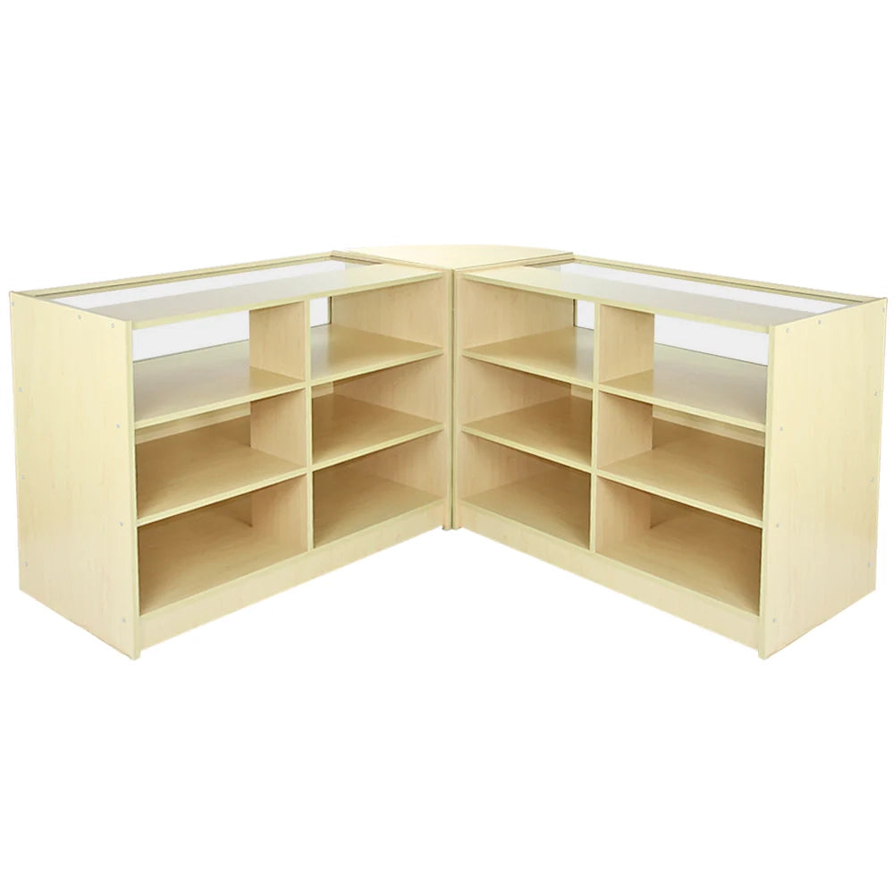Set Fusion con 3 Banconi da Negozio e Reception con Finitura in Acero Laminato
