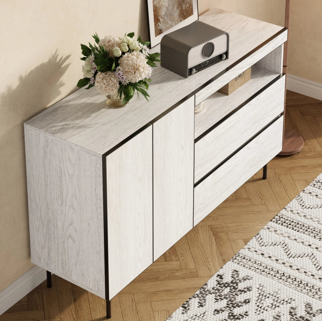 Sideboard bianco minimalista 140x42x77 cm con ripiani aperti