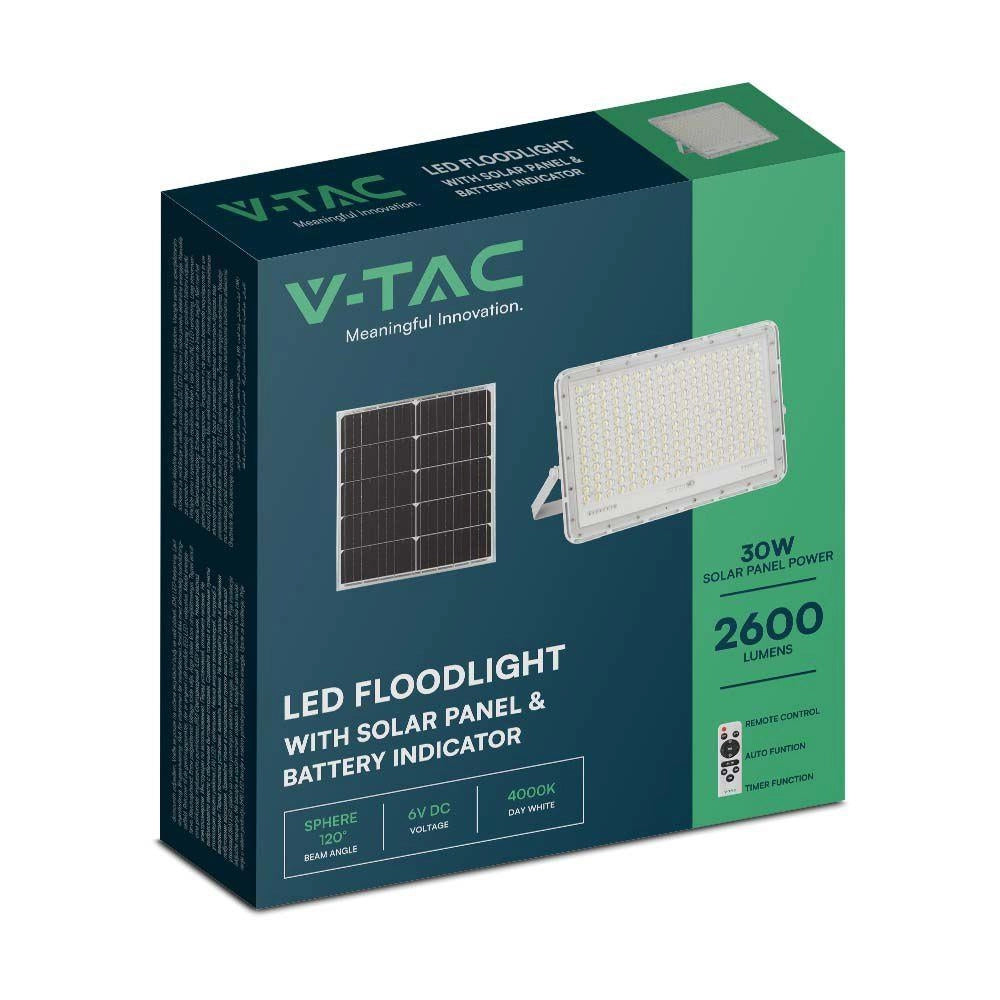 Faro LED Solare V-TAC 30W 4000K 2600lm IP65 con telecomando
