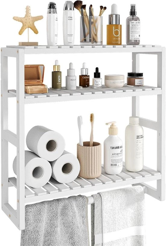 Pannello da bagno in bambù flessile 3 strati - Scaffale per archiviazione sopra il water - Bianco