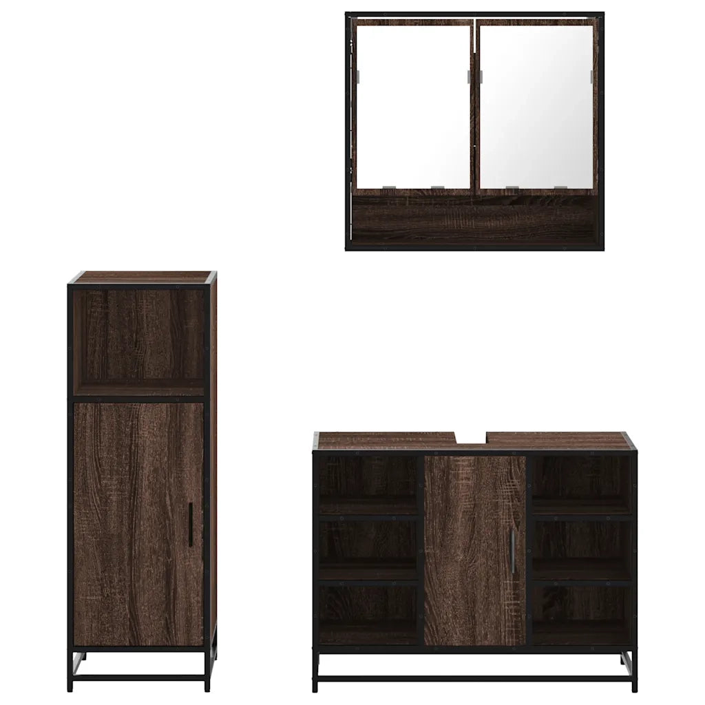 Set Mobili da Bagno 3 pz Rovere Marrone in Legno Multistrato