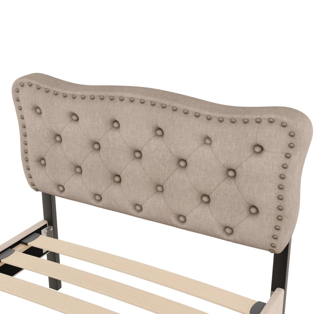 Letto imbottito 90x200 cm; testiera regolabile e 2 cassetti; MDF e lino; beige marrone