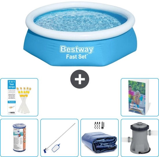 Piscina Opblaasbar Rond Fast Set - 244 x 61 cm - Blu - Incluso Filtro - Kit Pulizia - Tenda Solare - Pompa Filtro Piscina - 7 pezzi
