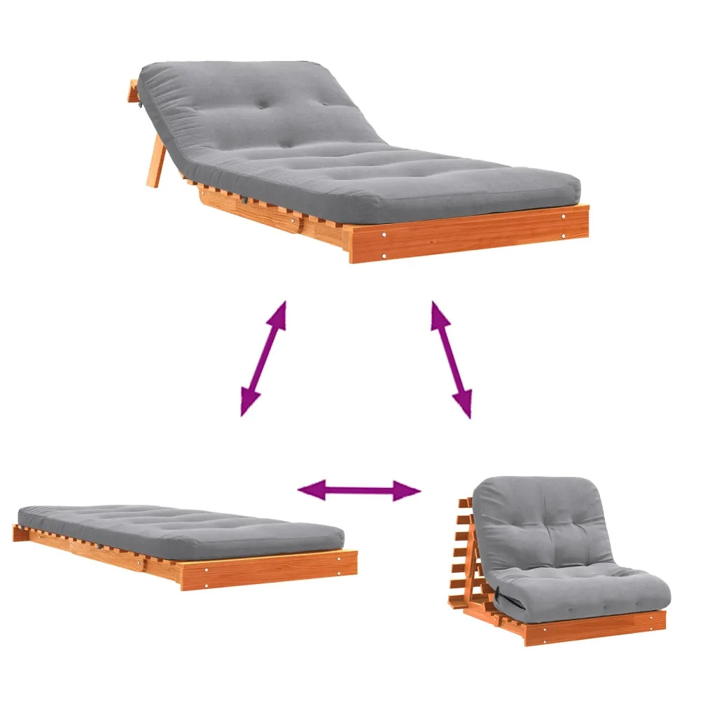 Divano Letto Futon con Materasso Marrone Cera 90x206x11cm Pino