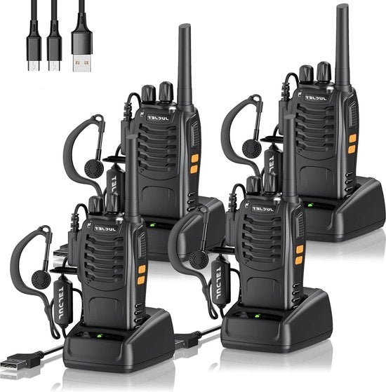 Walkietalkie oplaadbaar migliorato con ampio raggio 16 canali - LED torcia - Caricatore da tavolo - Auricolari - 4 pezzi