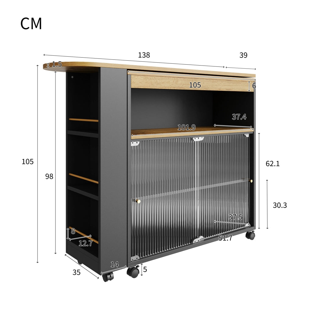 Tavolo Bar Estensibile con 3 Vani e 3 Livelli di Contenimento; LED; Ruote; in MDF; Nero; 138-204x39x105 cm
