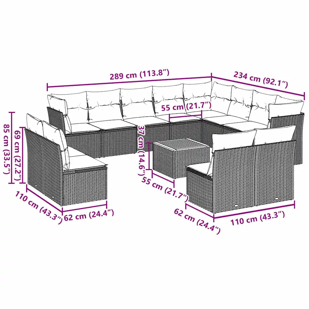 Set Divani da Giardino 13 pz con Cuscini Grigio in Polyrattan 3256264