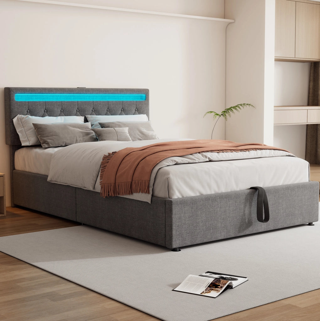 LETTO Imbottito 140x200 cm Grigio con LED, USB e USB-C
