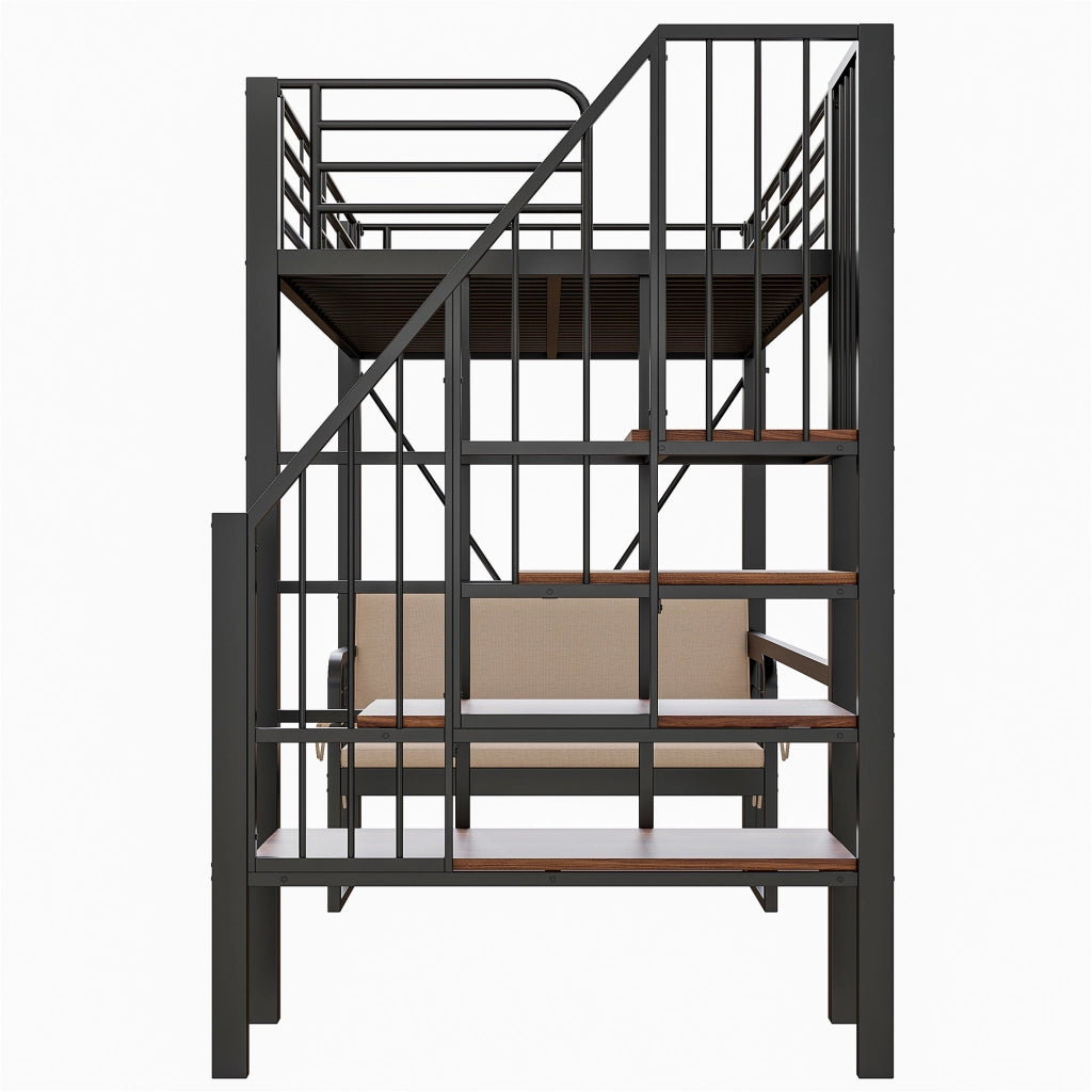 Letto a castello 90 × 200 cm con divano imbottito, scala con contenitore, senza materasso, metallo nero