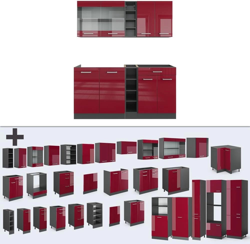 Cucina completa R-Line, Rosso lucido/antracite, 160 cm, PL Antracite, adatto per l'espansione individuale con moduli aggiuntivi
