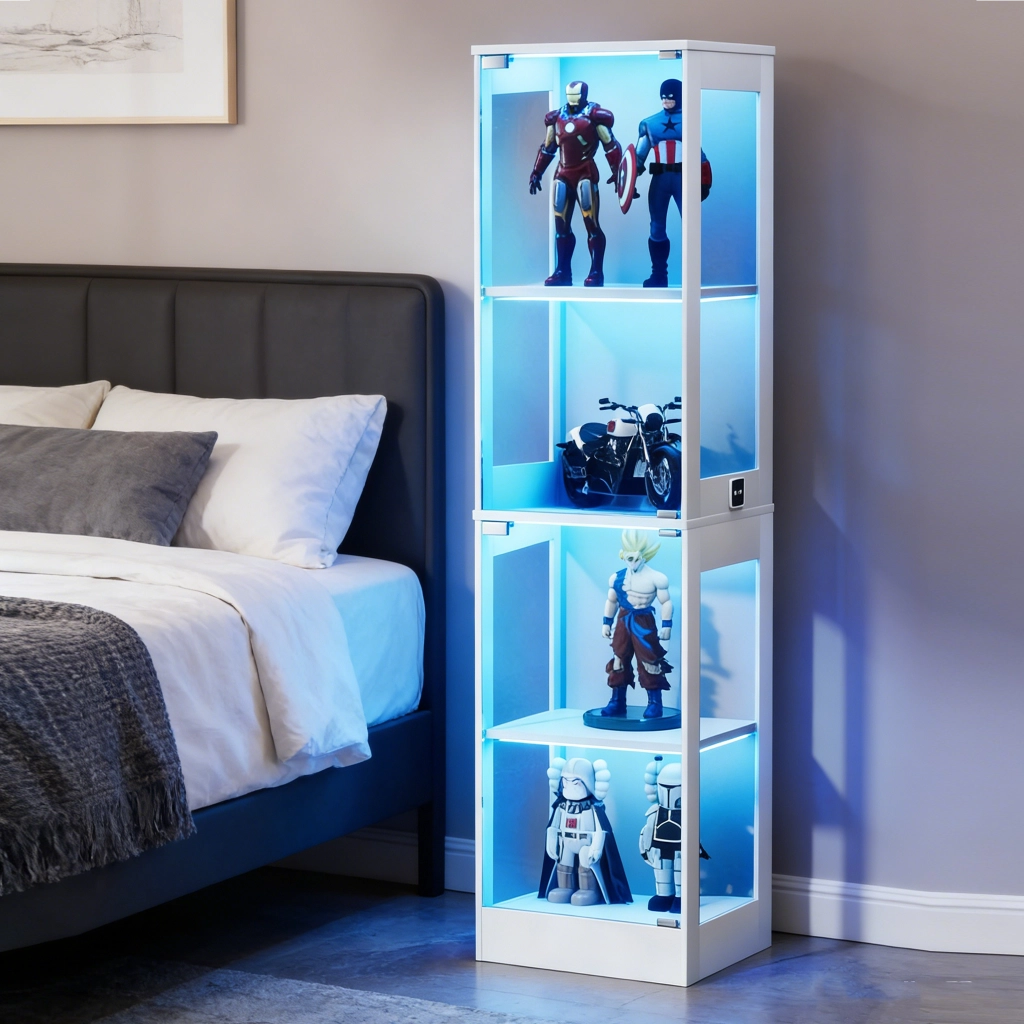 Vetrina con ante in vetro, LED a 3 colori e sensore intelligente per soggiorno, in MDF e vetro, bianca 40 × 35 × 165 cm