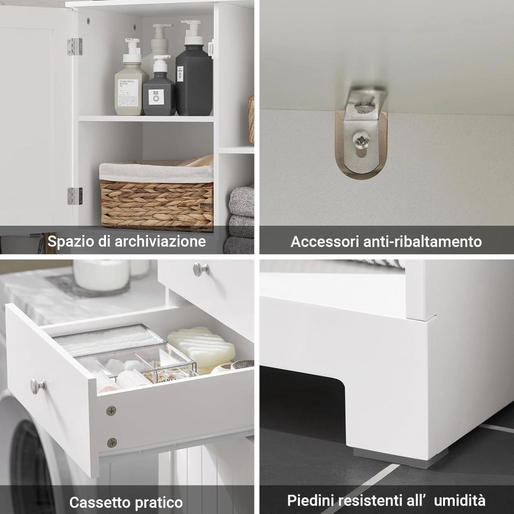 Mobile Bagno con Cesto per Linge Mobile Rangemento Alto Armadio Bagno con 6 Ripiani e 2 Cassetti Mobiletto Salvaspazio Bianco 60x37x171 cm BZR104-W