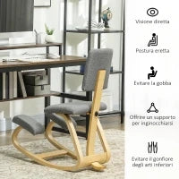Sedia Inginocchiatoio con Movimento a Dondolo, in Tessuto Effetto Lino e Legno di Betulla, 51x84x93 cm, Grigio